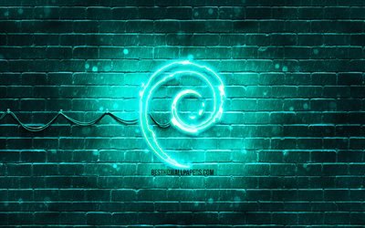 Debian turquoise logo, 4k, turquoise, mur de briques, le logo Debian, Linux, Debian, fluo logo Debian
