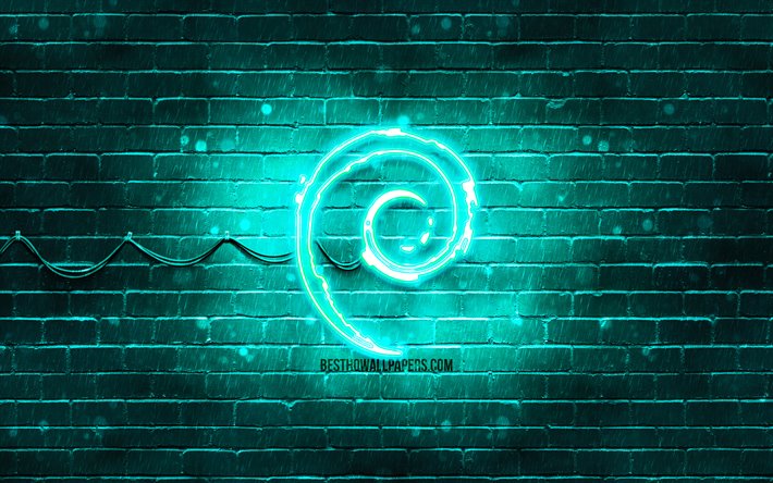 Debian turkuaz logo, 4k, turkuaz tuğla duvar, Debian logosu, Linux, Debian, neon logo