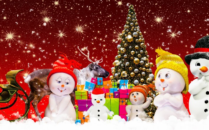 Christmas, snowmen, Happy New Year, Christmas tree, winter, snow, red background, Christmas gifts