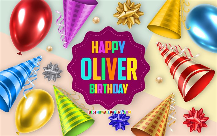 Happy Birthday Oliver, Birthday Balloon Background, Oliver, creative art, Happy Oliver birthday, silk bows, Oliver Birthday, Birthday Party Background