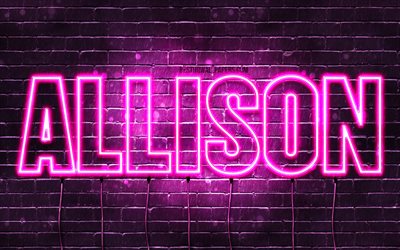 Allison, 4k, pap&#233;is de parede com os nomes de, nomes femininos, Allison nome, roxo luzes de neon, texto horizontal, imagem com Allison nome