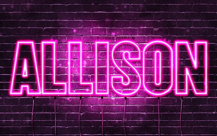 Allison, 4k, wallpapers with names, female names, Allison name, purple neon lights, horizontal text, picture with Allison name