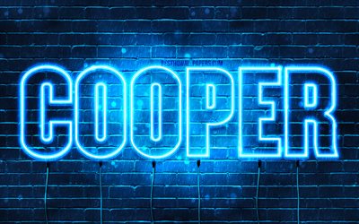 Cooper, 4k, les papiers peints avec les noms, le texte horizontal, nom de Cooper, bleu n&#233;on, une photo avec le nom de Cooper