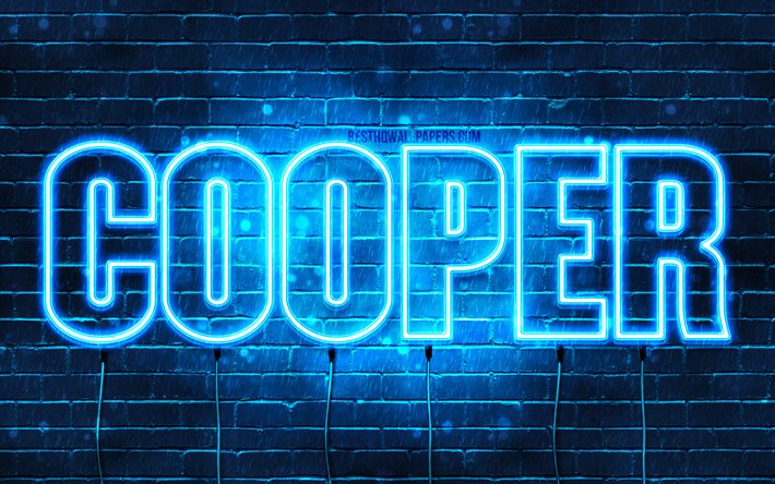 Cooper, 4k, taustakuvia nimet, vaakasuuntainen teksti, Cooper nimi, blue neon valot, kuva Cooper nimi
