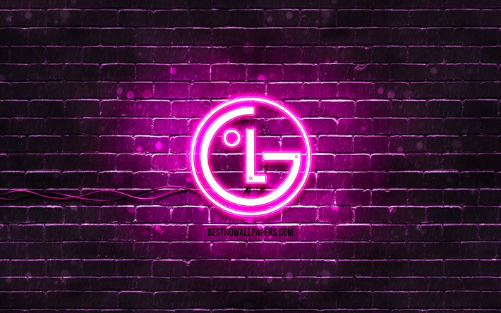 LG violette logo, 4k, violet brickwall, LG logo, marques, LG neon logo LG
