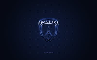 Paris FC, club di calcio francese, la Ligue 2, logo blu, blu scuro contesto in fibra di carbonio, calcio, Parigi, Francia, il Paris FC logo
