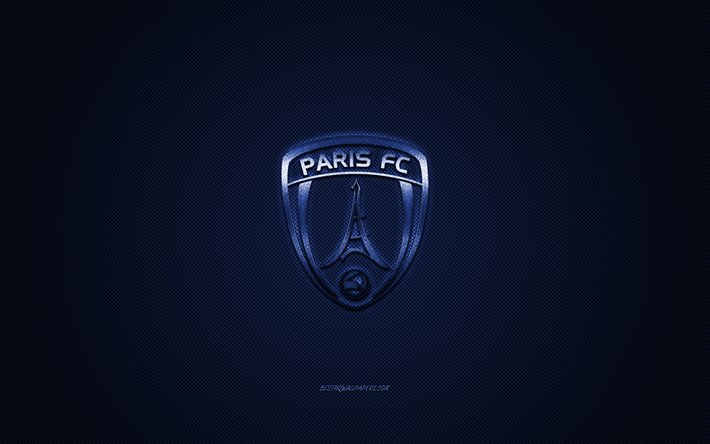 Paris FC, French football club, Ligue 2, blue logo, dark blue carbon fiber background, football, Paris, France, Paris FC logo