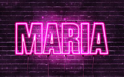 ماريا, 4k, خلفيات أسماء, أسماء الإناث, ماريا اسم, الأرجواني أضواء النيون, نص أفقي, الصورة مع اسم ماريا