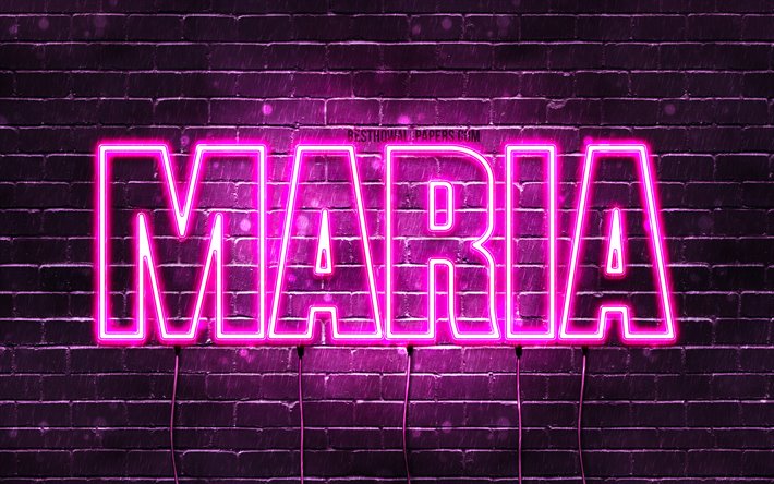 Maria, 4k, tapeter med namn, kvinnliga namn, Maria namn, lila neon lights, &#246;vergripande text, bilden med namn Maria