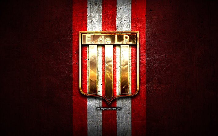 Opiskelijat FC, kultainen logo, Argentiinan Primera Division, punainen metalli tausta, jalkapallo, Opiskelijat Hopea, argentiinalainen jalkapalloseura, Estudiantes de La Plata-logo, Argentiina, Club estudiantes de La Plata