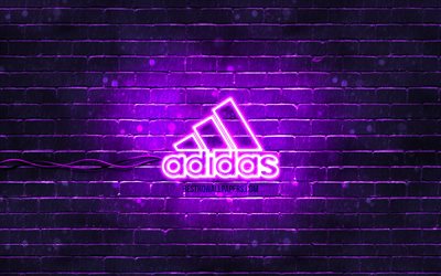Adidas violet logo, 4k, violet brickwall, Adidas logo, brands, Adidas neon logo, Adidas