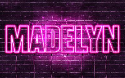 Madelyn, 4k, fondos de pantalla con los nombres, los nombres femeninos, Madelyn nombre, p&#250;rpura luces de ne&#243;n, el texto horizontal, imagen con el nombre Madelyn