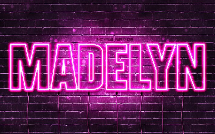 Madelyn, 4k, tapeter med namn, kvinnliga namn, Madelyn namn, lila neon lights, &#246;vergripande text, bild med Madelyn namn