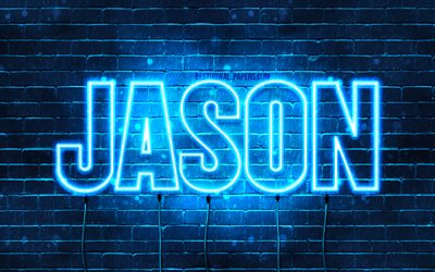 جيسون, 4k, خلفيات أسماء, نص أفقي, جيسون اسم, الأزرق أضواء النيون, صورة مع جيسون اسم