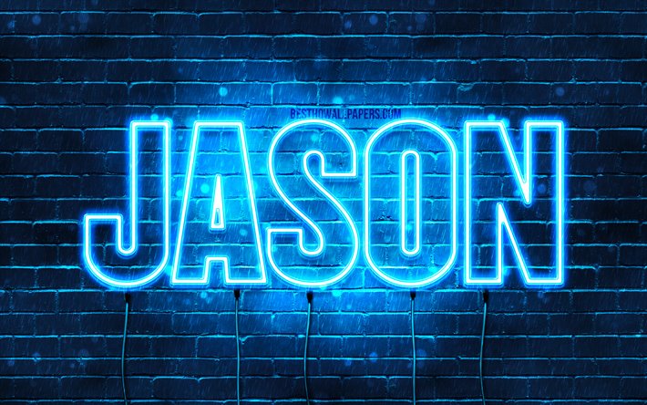 Jason, 4k, wallpapers with names, horizontal text, Jason name, blue neon lights, picture with Jason name