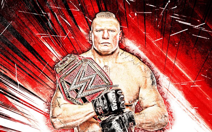 Brock Lesnar, grunge arte, WWE, american lutadores, wrestling, vermelho resumo raios, Brock Edward Lesnar, lutadores