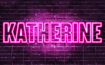 Katherine, 4k, wallpapers with names, female names, Katherine name, purple neon lights, horizontal text, picture with Katherine name