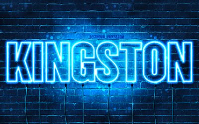 Kingston, 4k, pap&#233;is de parede com os nomes de, texto horizontal, Kingston nome, luzes de neon azuis, imagem com o nome Kingston