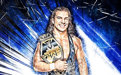Chad Gable, grunge art, WWE, american wrestlers, wrestling, blue abstract rays, Charles Betts, wrestlers