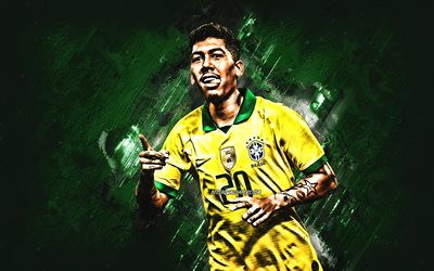 Roberto Firmino, Brazil national football team, Brazilian soccer player, attacking midfielder, Brazil, football, green stone background
