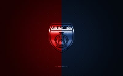 Altinordu FK, turco, club de f&#250;tbol, 1 Lig, de color rojo con logo azul, rojo-azul de fibra de carbono de fondo, f&#250;tbol, Izmir, Turqu&#237;a, Altinordu logotipo
