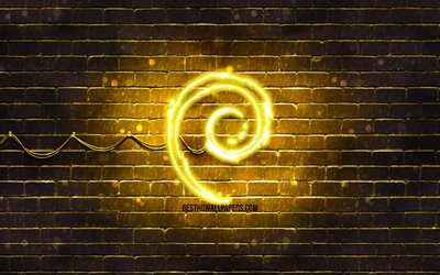 Debian sarı logo, 4k, sarı brickwall, Debian logosu, Linux, Debian, neon logo