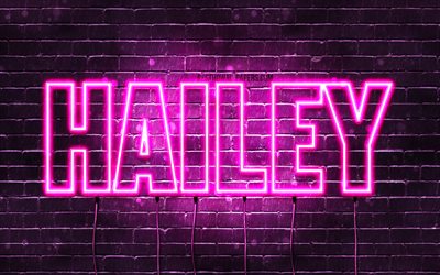 Hailey, 4k, wallpapers with names, female names, Hailey name, purple neon lights, horizontal text, picture with Hailey name