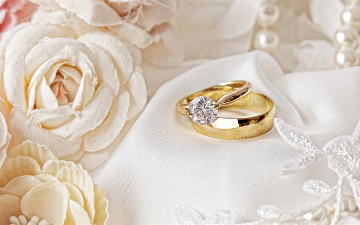 Anelli di nozze, concetti di nozze, anelli d&#39;oro, rose, anelli, tessuto di seta, anello di diamanti, anelli per la sposa e lo sposo