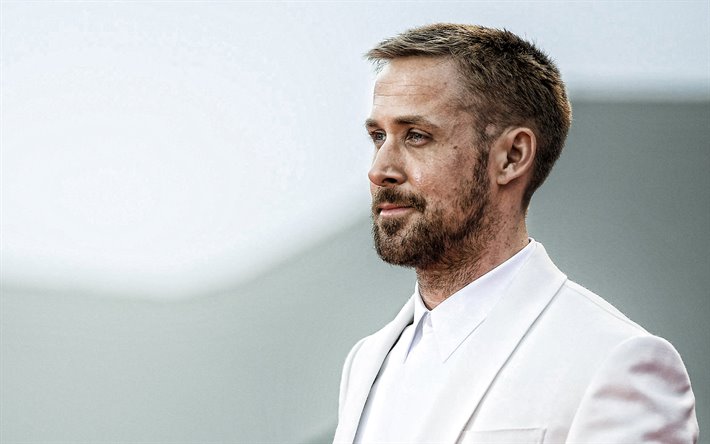 Ryan Gosling, portrait, canadian actor, photoshoot, white costume, canadian stars