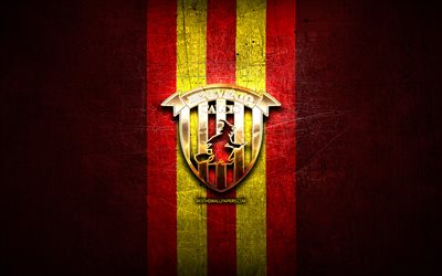 Benevento FC, altın logo, Seri B, kırmızı metal arka plan, futbol, Benevento T&#252;rk, İtalyan Futbol Kul&#252;b&#252;, Benevento logo, İtalya