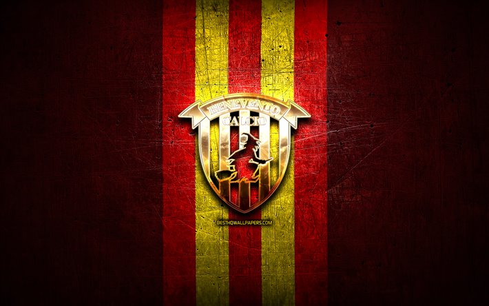 Benevento FC, kultainen logo, Serie B, punainen metalli tausta, jalkapallo, Benevento Calcio, italian football club, Benevento-logo, Italia