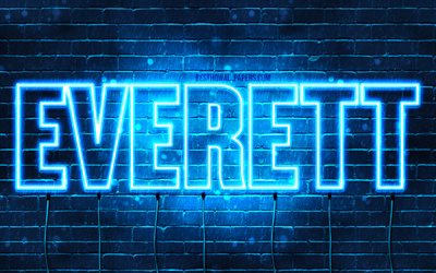 Everett, 4k, taustakuvia nimet, vaakasuuntainen teksti, Everett nimi, blue neon valot, kuva Everett nimi