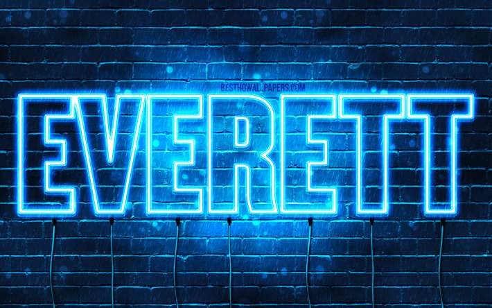 Everett, 4k, fondos de pantalla con los nombres, el texto horizontal, Everett nombre, luces azules de ne&#243;n, imagen con Everett nombre