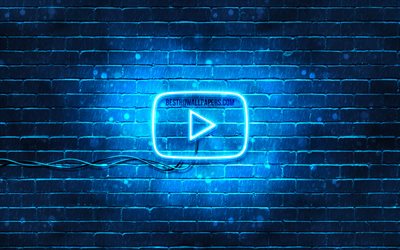 Youtube logo azul, 4k, azul brickwall, logotipo de Youtube, marcas, Youtube ne&#243;n logotipo de Youtube