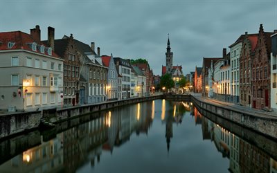 Bruges, evening, sunset, Belgian city, church, Bruges cityscape, West Flanders, Belgium, Flemish Region