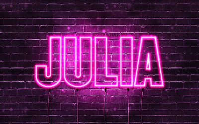 جوليا, 4k, خلفيات أسماء, أسماء الإناث, جوليا اسم, الأرجواني أضواء النيون, نص أفقي, صورة مع جوليا اسم