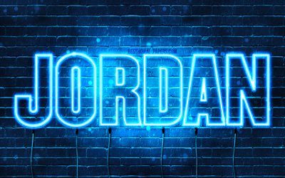 Jordan, 4k, wallpapers with names, horizontal text, Jordan name, blue neon lights, picture with Jordan name
