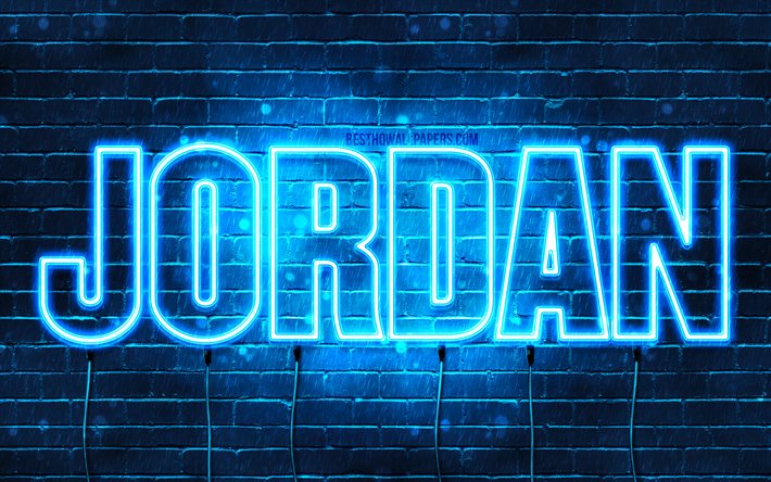 Jordan, 4k, wallpapers with names, horizontal text, Jordan name, blue neon lights, picture with Jordan name