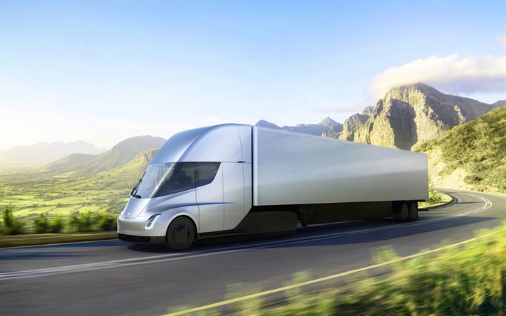 Tesla Semi, vista lateral, exterior, electricidad de camiones, camiones de conceptos, en la entrega de conceptos, camiones estadounidenses, Tesla