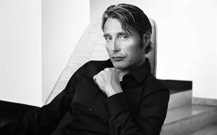 Mads Mikkelsen, dan&#233;s actor, retrato, sesi&#243;n de fotos, en blanco y negro, el popular actor