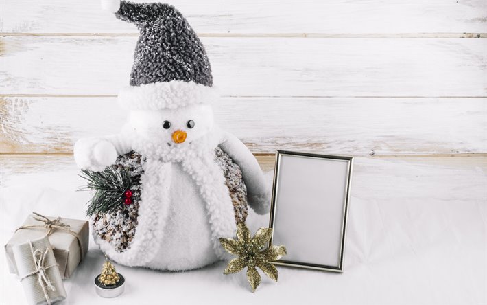 Snowman, winter, snow, Christmas, Happy New Year, snowman toy, gifts, xmas