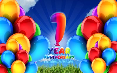 4k, 1 A&#241;os de Aniversario, nublado cielo de fondo, coloridos globos, obras de arte, 1er aniversario signo, Aniversario concepto, 1er aniversario