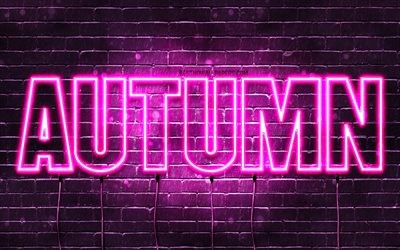 Autumn, 4k, wallpapers with names, female names, Autumn name, purple neon lights, horizontal text, picture with Autumn name