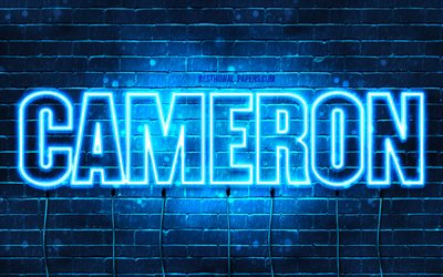 Cameron, 4k, tapeter med namn, &#246;vergripande text, Cameron namn, bl&#229;tt neonljus, bild med Cameron namn