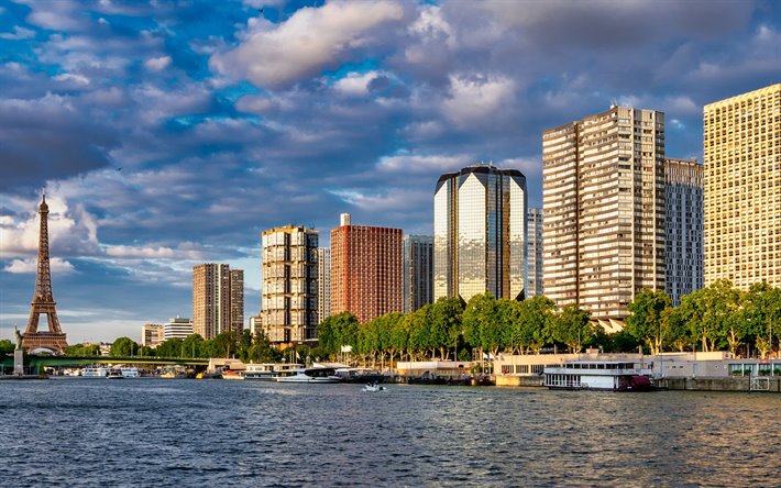 Paris, Hans River, Eiffeltornet, morgon, hus, stadsbilden, huvudstaden i Frankrike, moderna byggnader, Frankrike