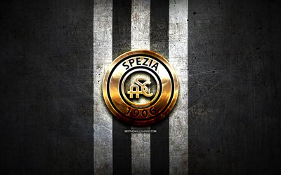 Spezia FC, kultainen logo, Serie B, musta metalli tausta, jalkapallo, Spezia Calcio, italian football club, Spezia logo, Italia