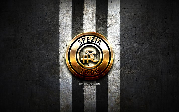 Spezia FC, golden logo, Serie B, black metal background, football, Spezia Calcio, italian football club, Spezia logo, soccer, Italy