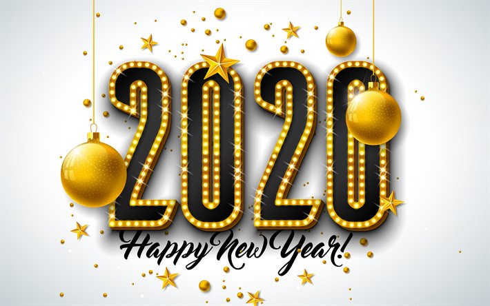 2020 3D digits, 4k, golden balls, Happy New Year 2020, xmas decorations, 2020 3D art, 2020 concepts, 2020 on gray background, 2020 year digits