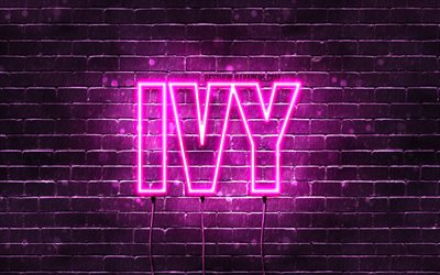 Ivy, 4k, wallpapers with names, female names, Ivy name, purple neon lights, horizontal text, picture with Ivy name