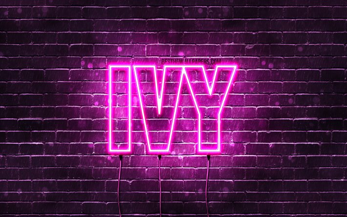 Ivy, 4k, taustakuvia nimet, naisten nimi&#228;, Ivy nimi, violetti neon valot, vaakasuuntainen teksti, kuva Ivy nimi